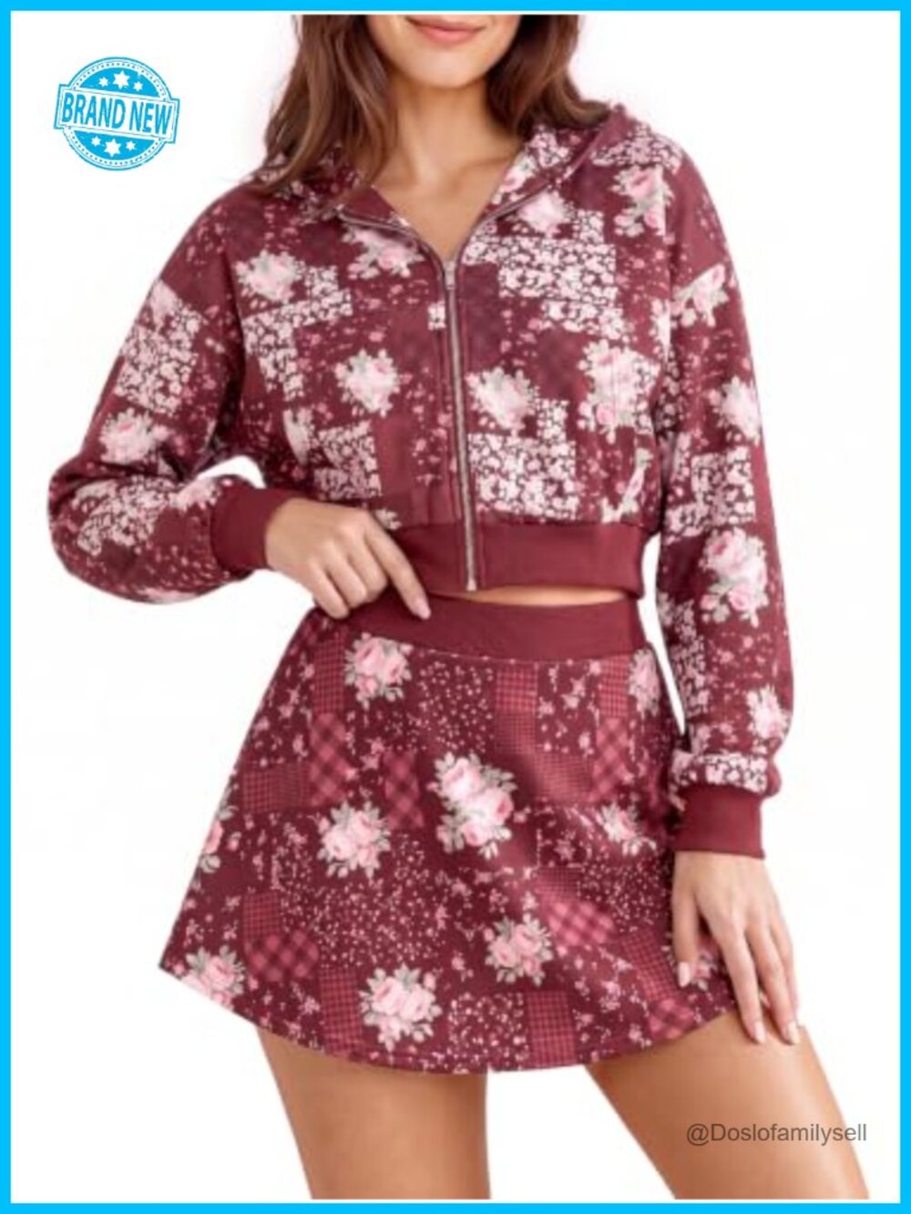 Aoysky Womens 2 Piece Outfits Skort Set Floral Plaid Hoodie Mini Skirt Set